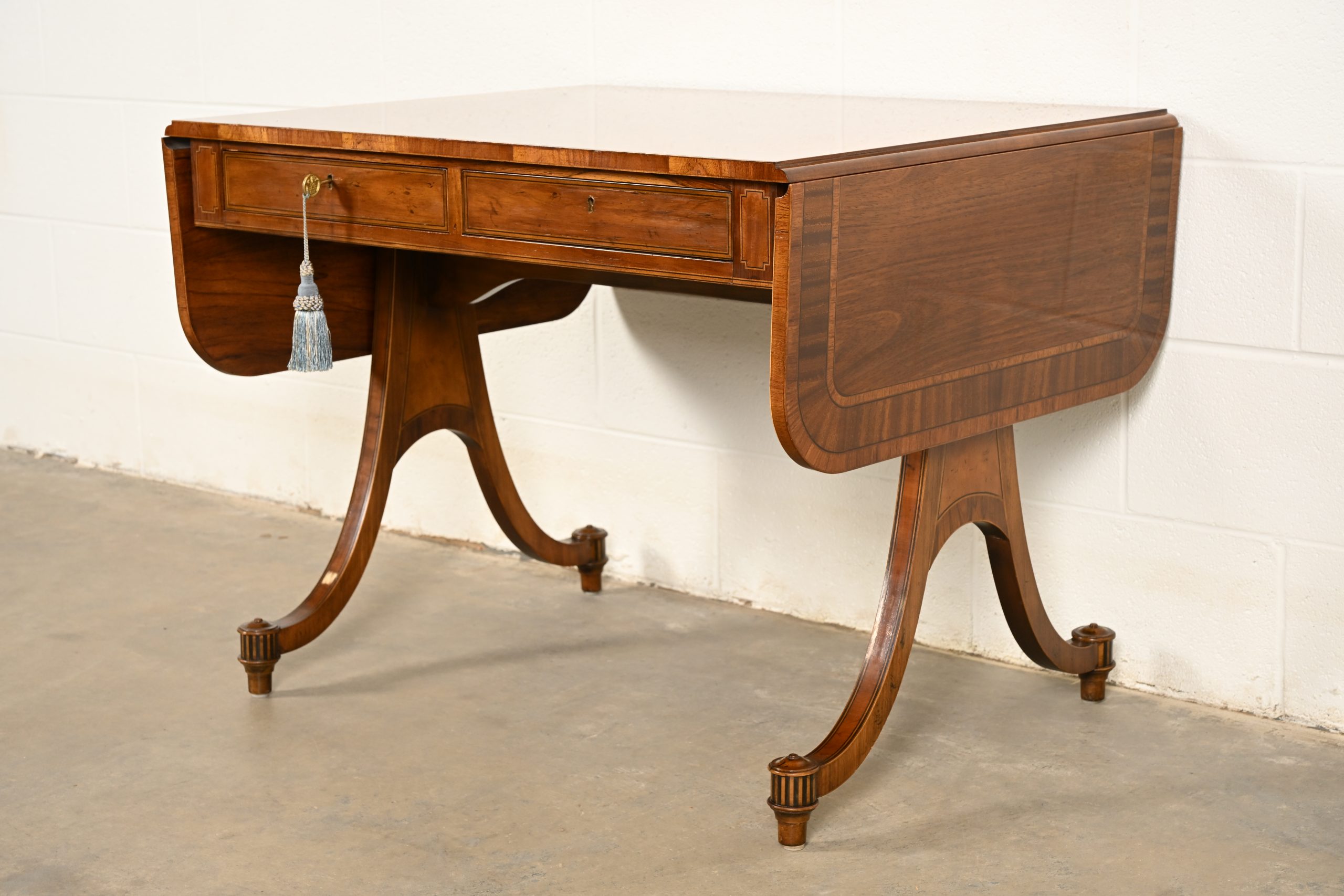 Baker Furniture Regency Inlaid Yew Wood Writing Desk or Console Table, Circa 1980s