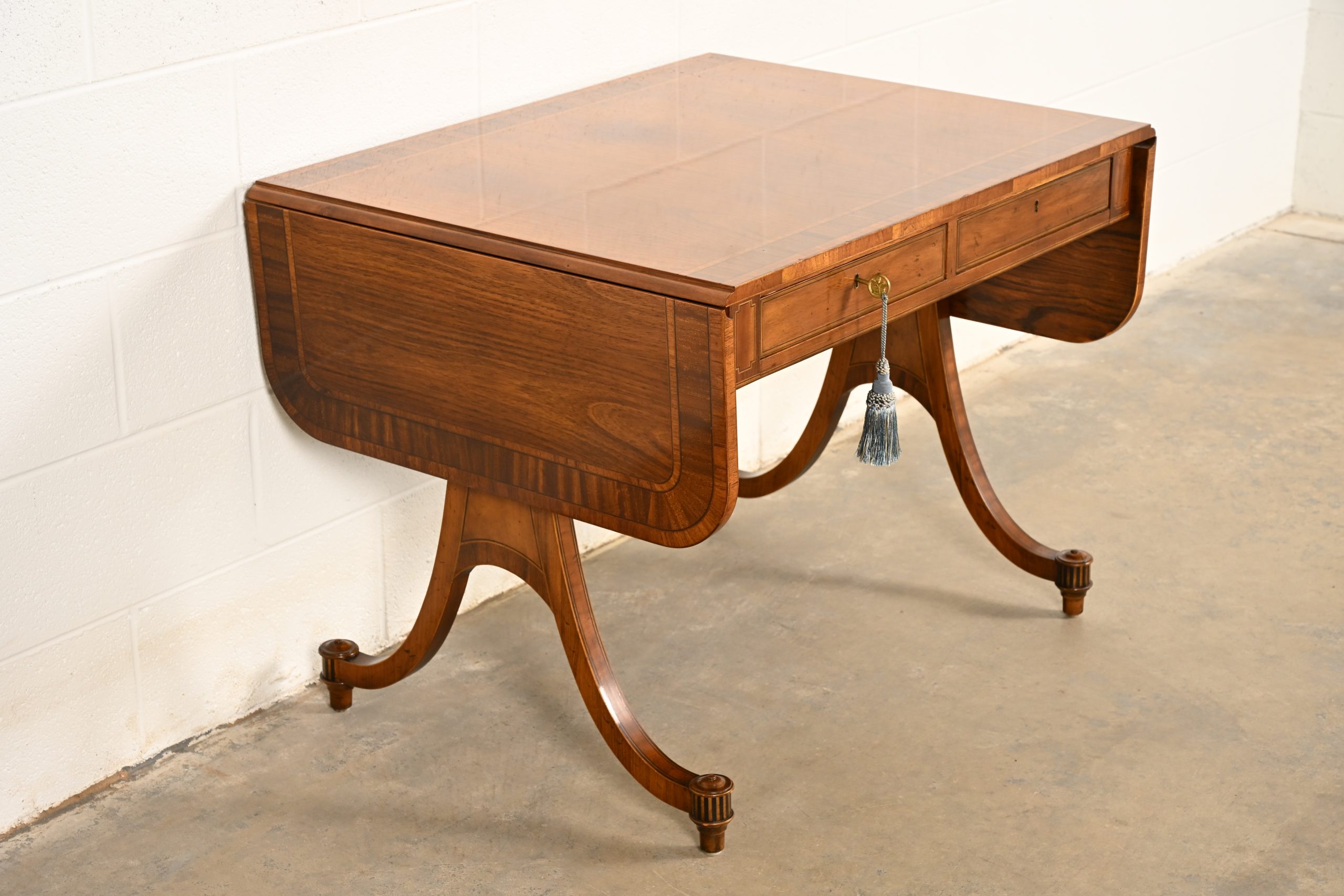 Baker Furniture Regency Inlaid Yew Wood Writing Desk or Console Table, Circa 1980s - Image 4