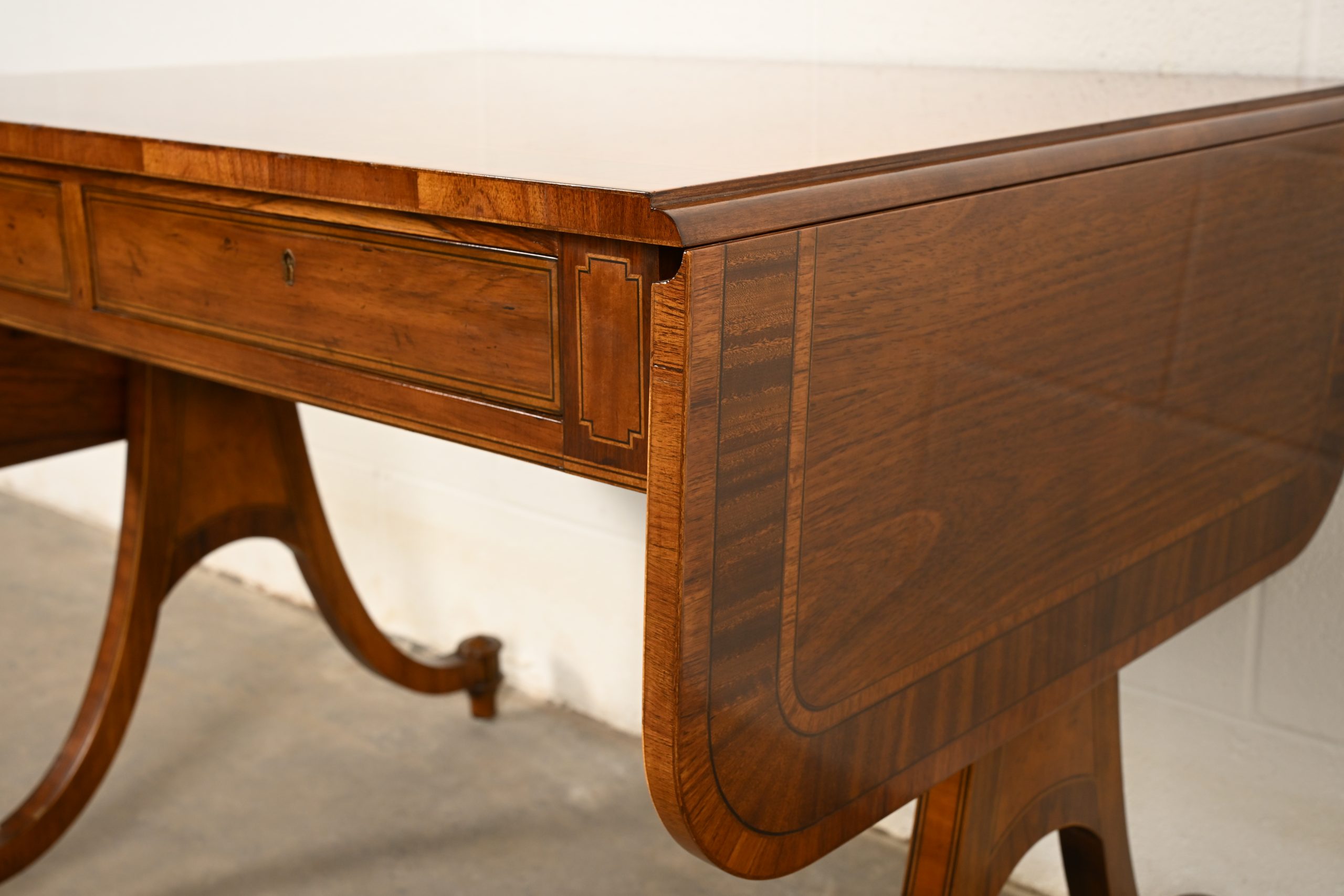 Baker Furniture Regency Inlaid Yew Wood Writing Desk or Console Table, Circa 1980s - Image 9