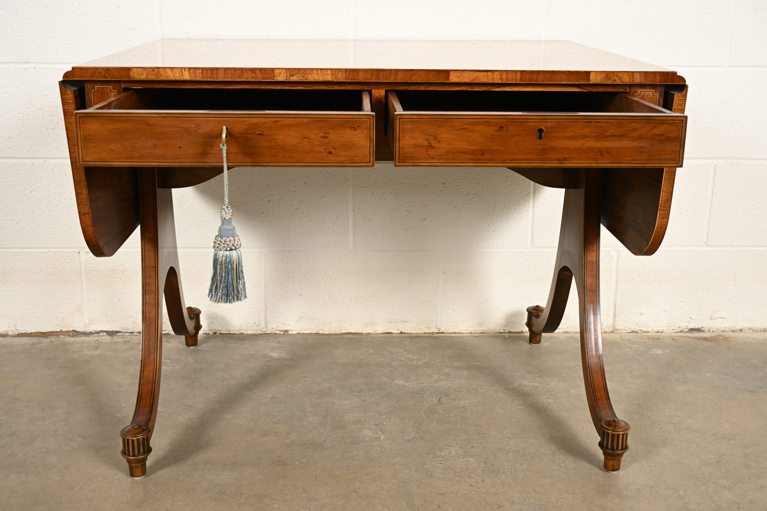 Baker Furniture Regency Inlaid Yew Wood Writing Desk or Console Table, Circa 1980s - Image 5