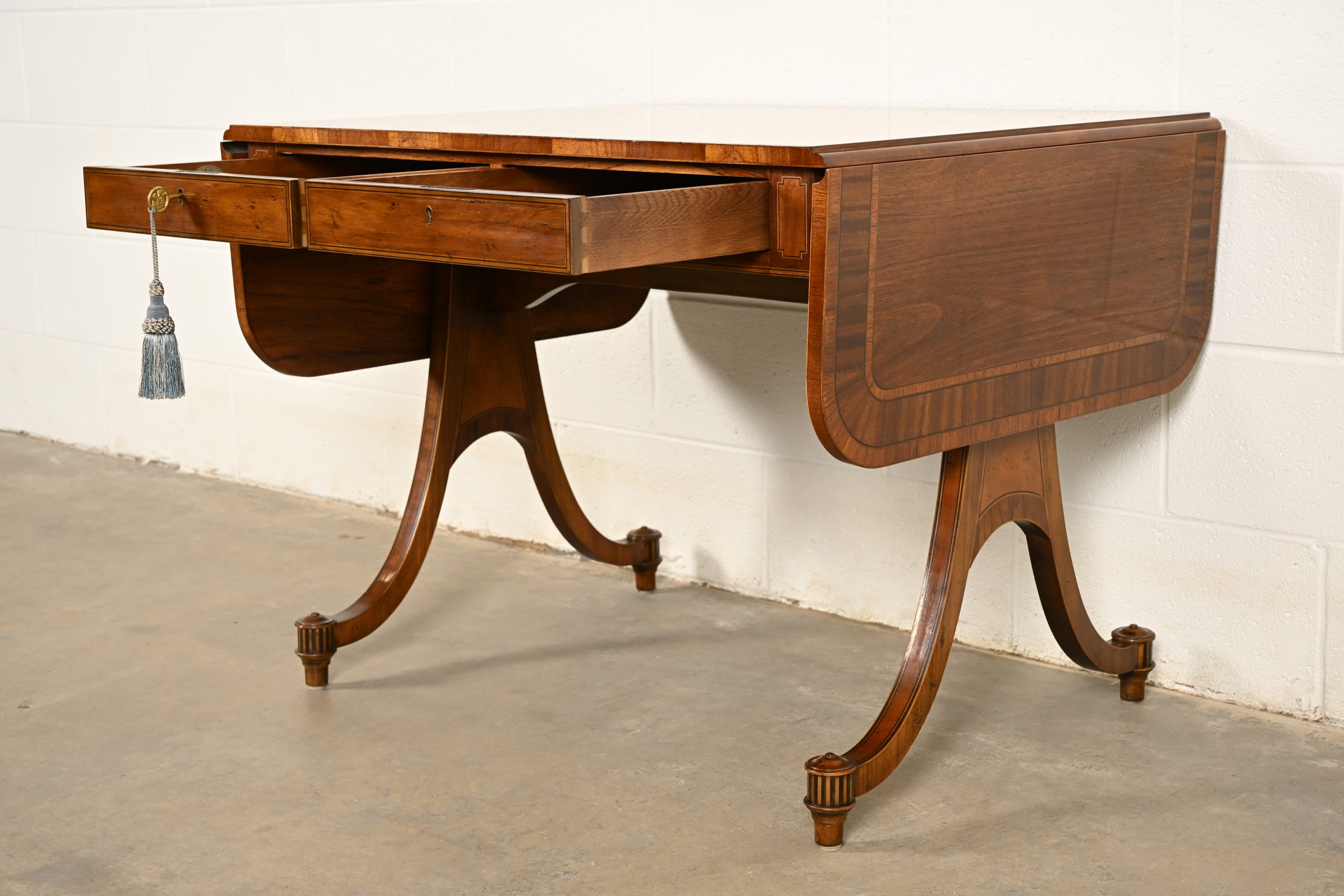 Baker Furniture Regency Inlaid Yew Wood Writing Desk or Console Table, Circa 1980s - Image 6