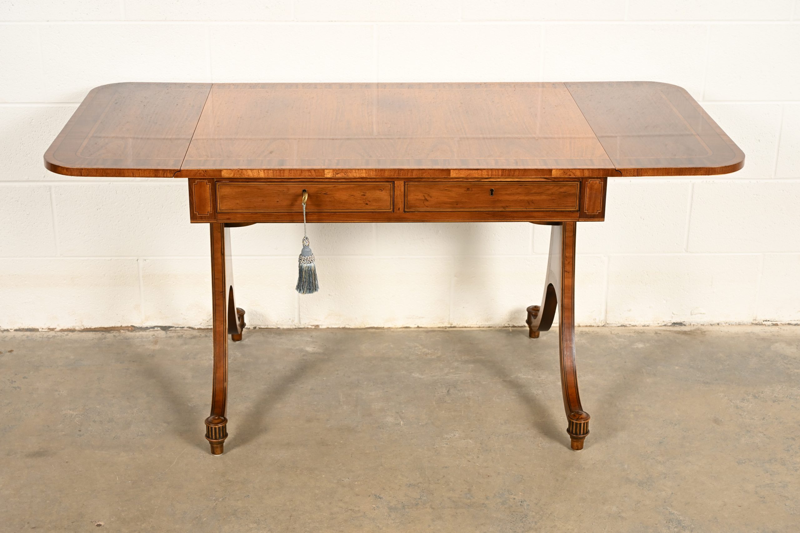 Baker Furniture Regency Inlaid Yew Wood Writing Desk or Console Table, Circa 1980s - Image 11