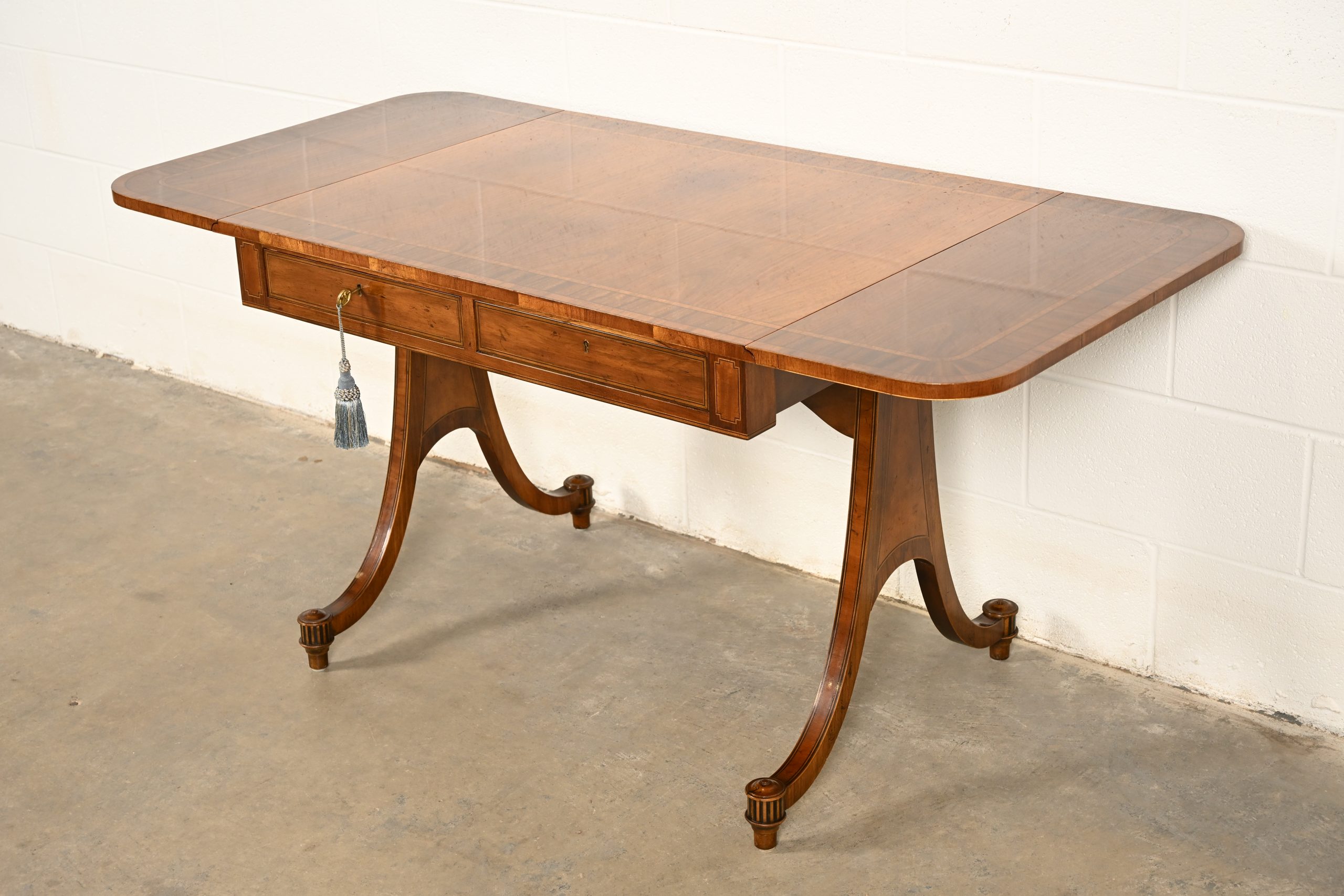 Baker Furniture Regency Inlaid Yew Wood Writing Desk or Console Table, Circa 1980s - Image 12
