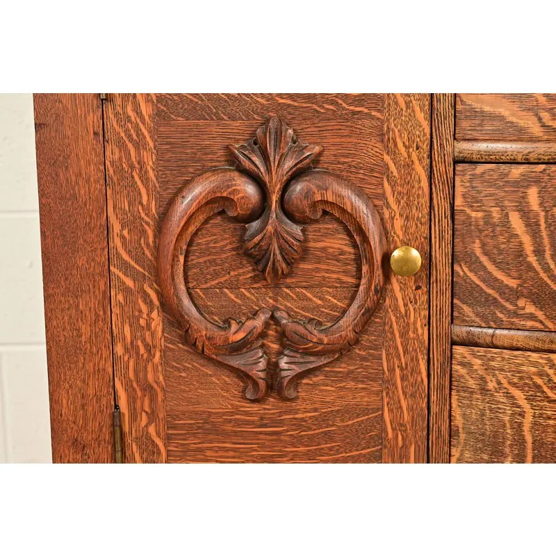 Antique Victorian Carved Tiger Oak Sideboard or Bar Cabinet, Circa 1890s - Image 10