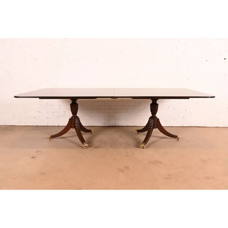 Baker Furniture Style Georgian Mahogany Double Pedestal Extension Dining Table, Newly Refinished - Image 10