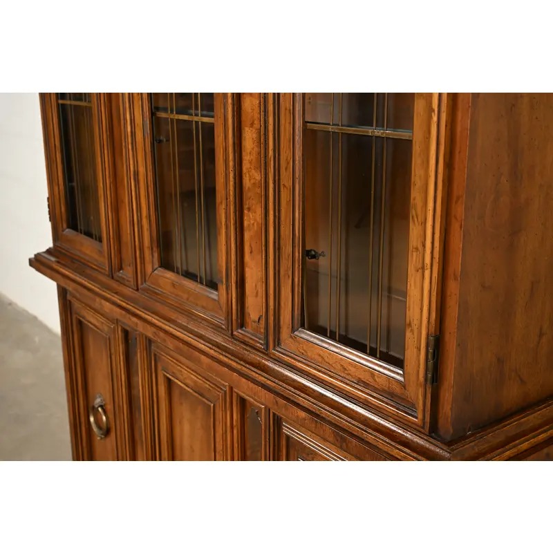 Drexel French Regency Louis XVI Carved Burled Walnut Lighted Breakfront Bookcase Cabinet, Circa 1960s - Image 9