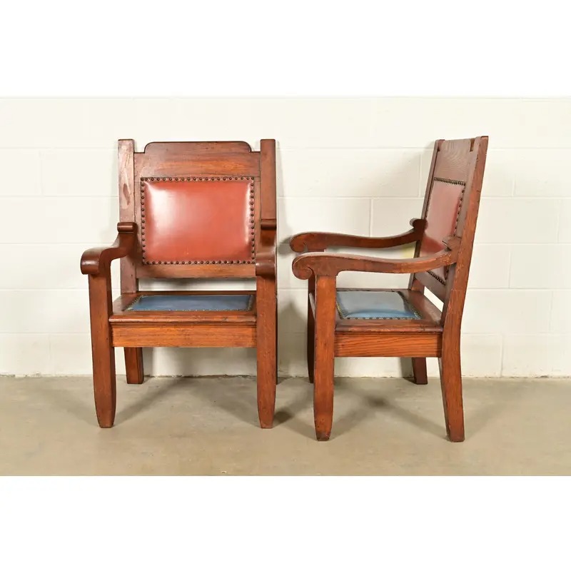 Harden Furniture Style Antique Arts & Crafts Carved Oak Library Chairs, Pair - Image 10