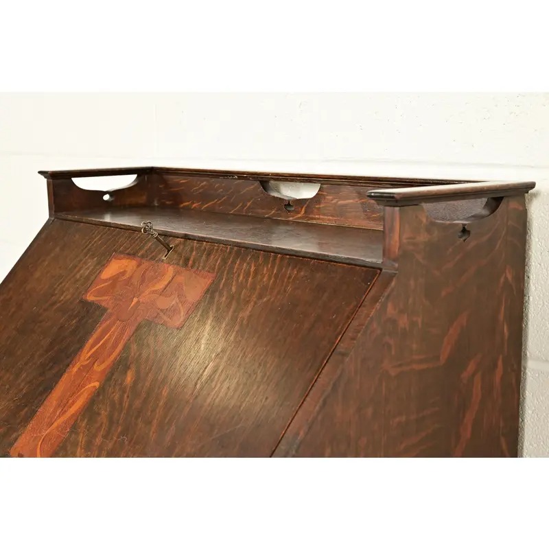 Stickley Brothers Style Antique Mission Oak Arts & Crafts Drop Front Secretary Desk With Inlaid Marquetry, Circa 1910 - Image 10