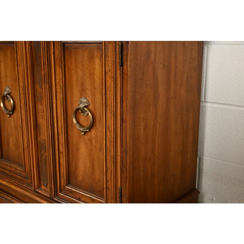 Drexel French Regency Louis XVI Carved Burled Walnut Lighted Breakfront Bookcase Cabinet, Circa 1960s - Image 10