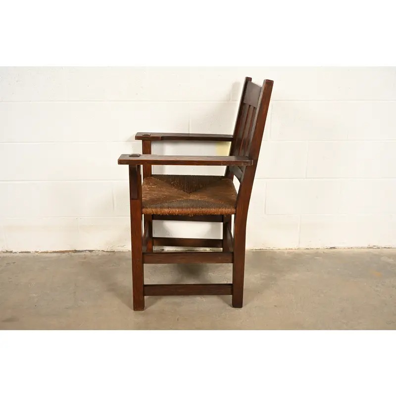 Gustav Stickley Antique Mission Oak Arts & Crafts Armchair With Rush Seat, Circa 1910 - Image 11