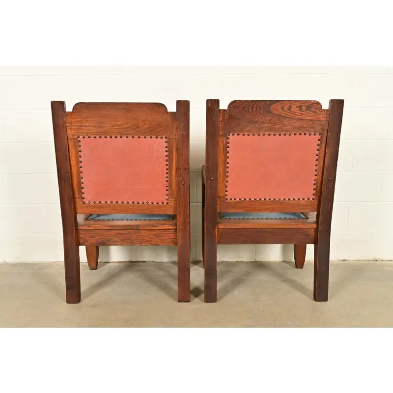 Harden Furniture Style Antique Arts & Crafts Carved Oak Library Chairs, Pair - Image 11
