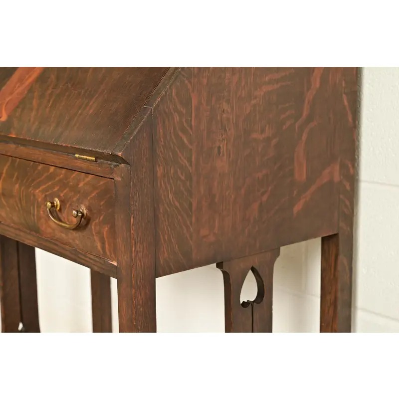 Stickley Brothers Style Antique Mission Oak Arts & Crafts Drop Front Secretary Desk With Inlaid Marquetry, Circa 1910 - Image 11