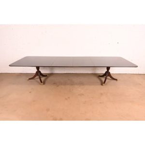 Baker Furniture Style Georgian Mahogany Double Pedestal Extension Dining Table, Newly Refinished