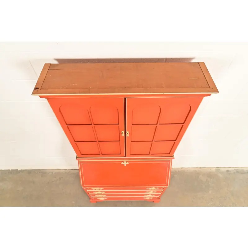Baker Furniture Style Georgian Red Lacquered Bureau With Drop Front Secretary Desk, Circa 1970s - Image 12