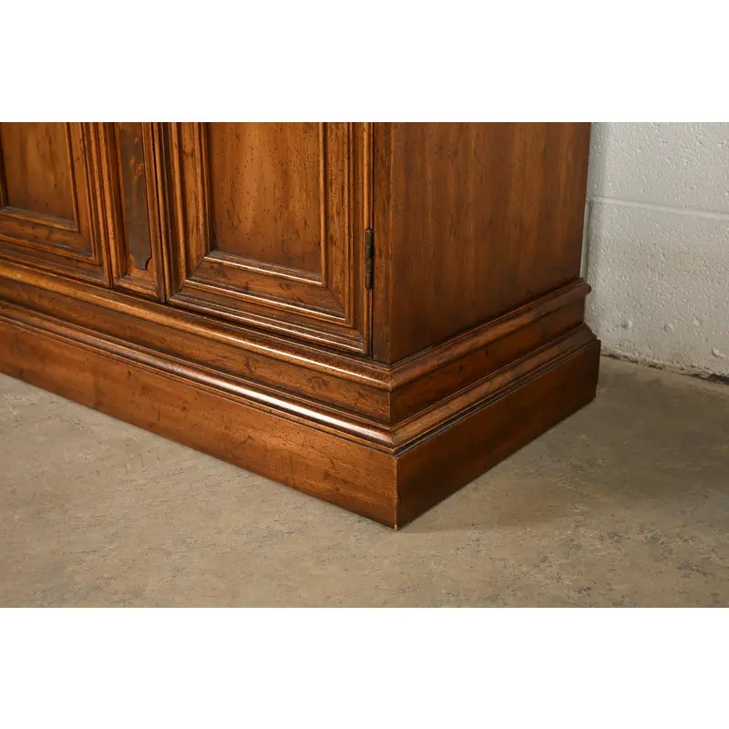 Drexel French Regency Louis XVI Carved Burled Walnut Lighted Breakfront Bookcase Cabinet, Circa 1960s - Image 11