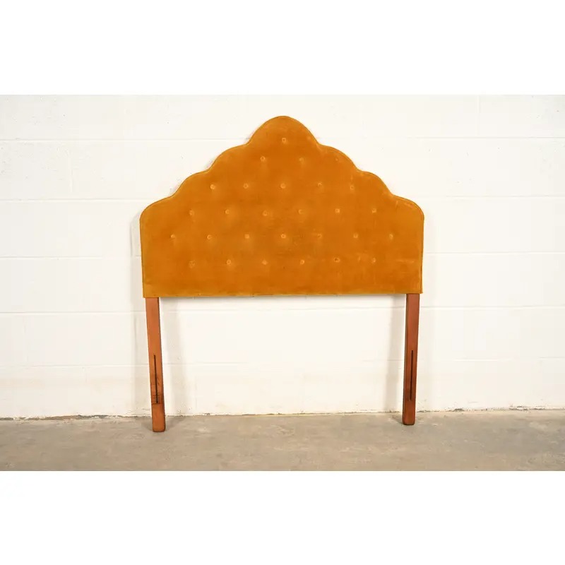 Grosfeld House Style Mid-Century Hollywood Regency Tufted Velvet Upholstered Twin Headboard, Circa 1960s