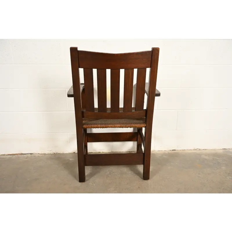 Gustav Stickley Antique Mission Oak Arts & Crafts Armchair With Rush Seat, Circa 1910 - Image 12