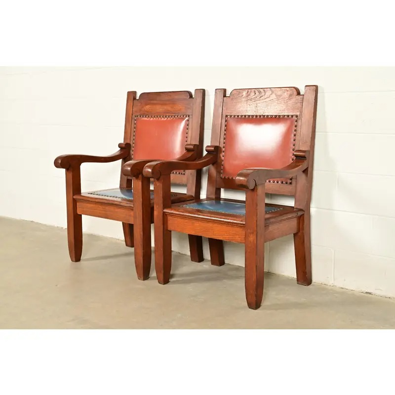 Harden Furniture Style Antique Arts & Crafts Carved Oak Library Chairs, Pair