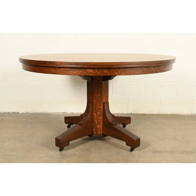 Stickley Brothers Style Antique Mission Oak Arts & Crafts Pedestal Extension Dining Table, Newly Refinished - Image 12