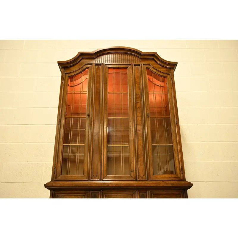 Drexel French Regency Louis XVI Carved Burled Walnut Lighted Breakfront Bookcase Cabinet, Circa 1960s - Image 12