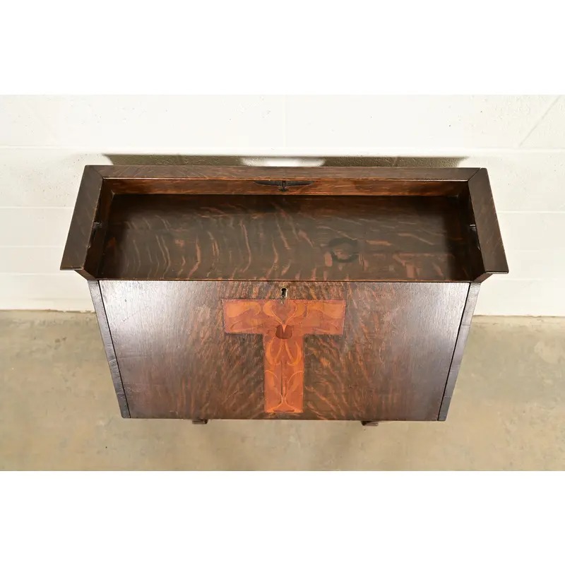 Stickley Brothers Style Antique Mission Oak Arts & Crafts Drop Front Secretary Desk With Inlaid Marquetry, Circa 1910 - Image 13