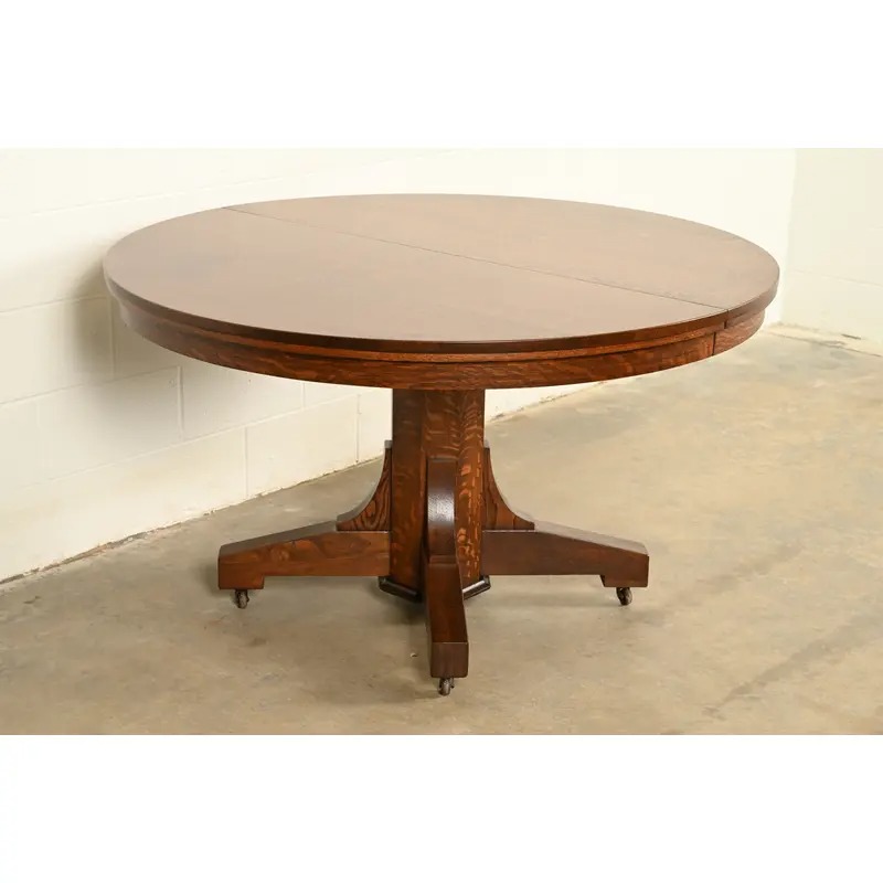 Stickley Brothers Style Antique Mission Oak Arts & Crafts Pedestal Extension Dining Table, Newly Refinished