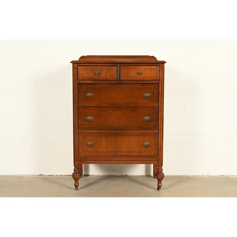 Berkey & Gay Style Antique French Regency Louis XVI Walnut Highboy Dresser, Circa 1930s