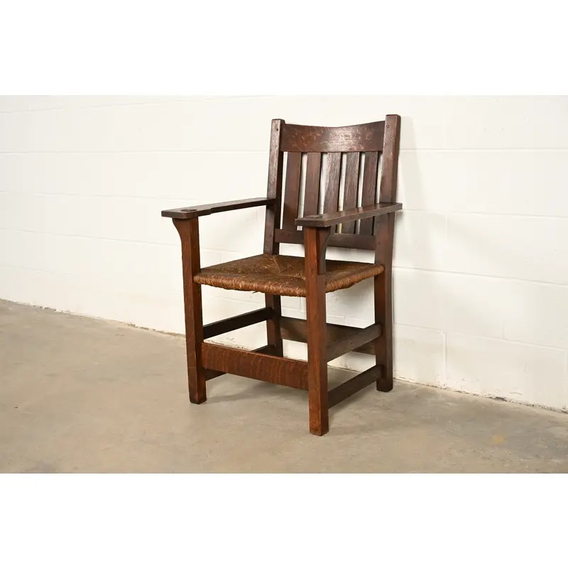 Gustav Stickley Antique Mission Oak Arts & Crafts Armchair With Rush Seat, Circa 1910
