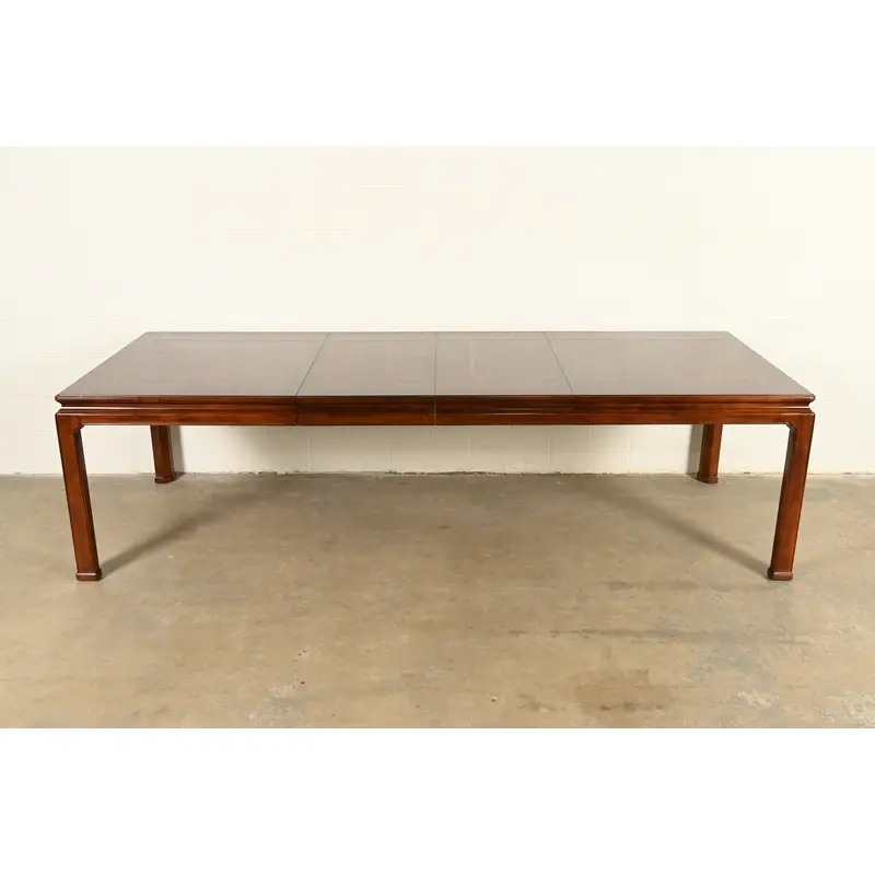 Henredon Mid-Century Hollywood Regency Mahogany and Burl Wood Extension Dining Table, Newly Refinished