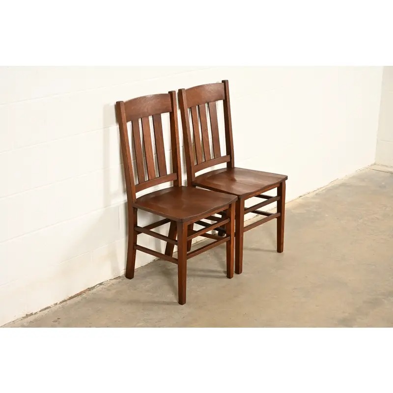 Limbert Style Antique Mission Oak Arts & Crafts Side Chairs or Dining Chairs, Pair