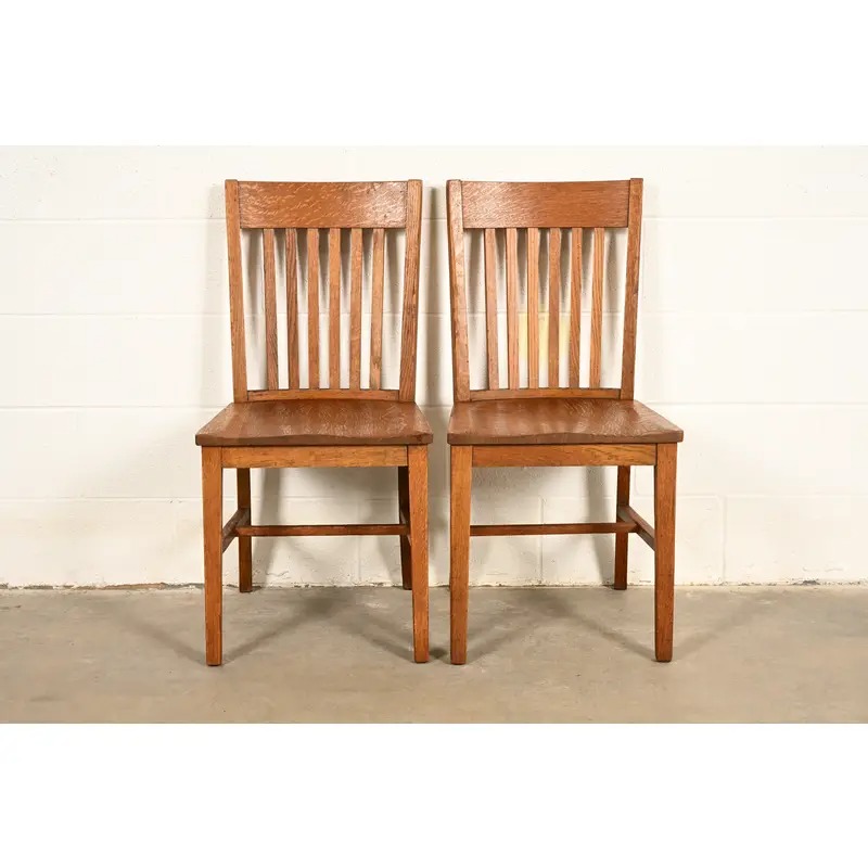 Limbert Style Antique Mission Oak Arts & Crafts Spindle Back Side Chairs or Dining Chairs, Pair