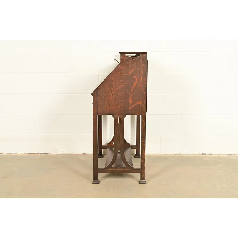 Stickley Brothers Style Antique Mission Oak Arts & Crafts Drop Front Secretary Desk With Inlaid Marquetry, Circa 1910 - Image 14