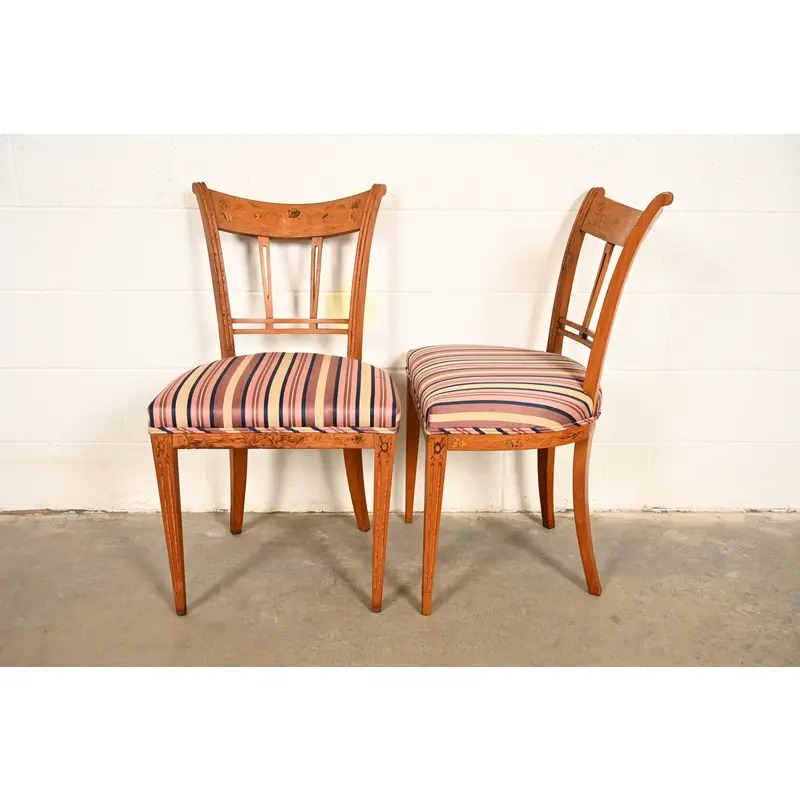 Antique Italian Regency Fruitwood Inlaid Marquetry Side Chairs or Dining Chairs, Pair - Image 15