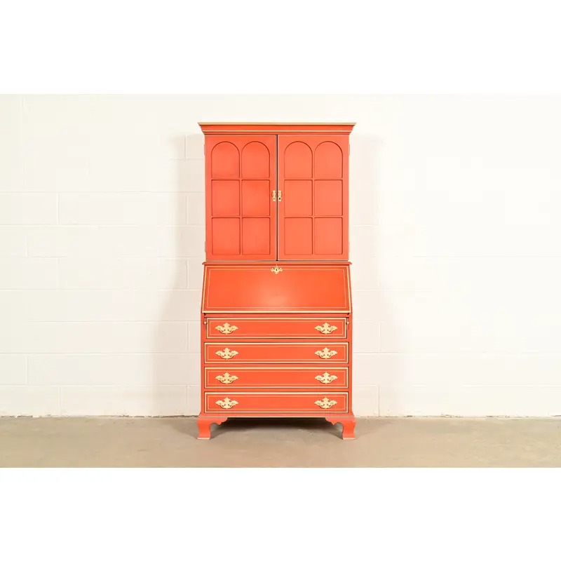 Baker Furniture Style Georgian Red Lacquered Bureau With Drop Front Secretary Desk, Circa 1970s