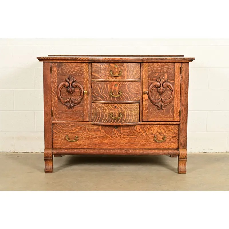 Antique Victorian Carved Tiger Oak Sideboard or Bar Cabinet, Circa 1890s