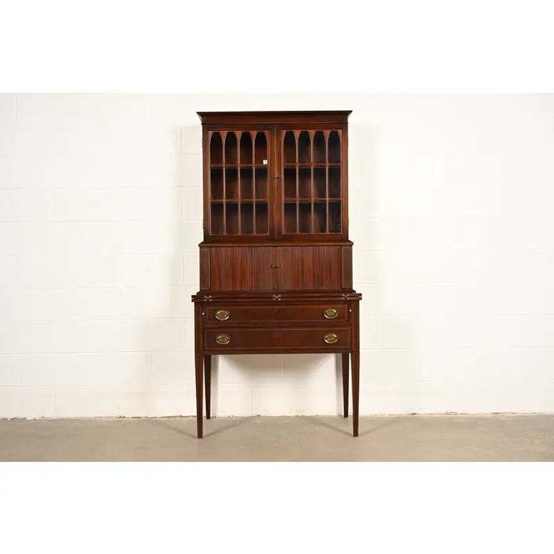 Baker Furniture Style Hepplewhite Mahogany Secretary Desk With Bookcase Hutch, Circa 1920s
