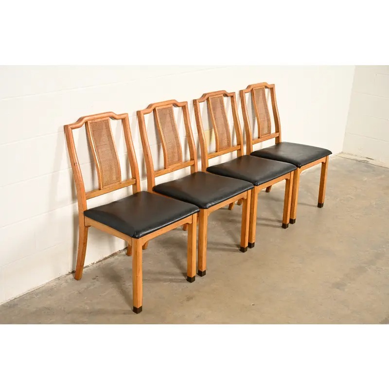 Henredon Style Mid-Century Hollywood Regency Carved Walnut and Cane Dining Chairs, Set of Four