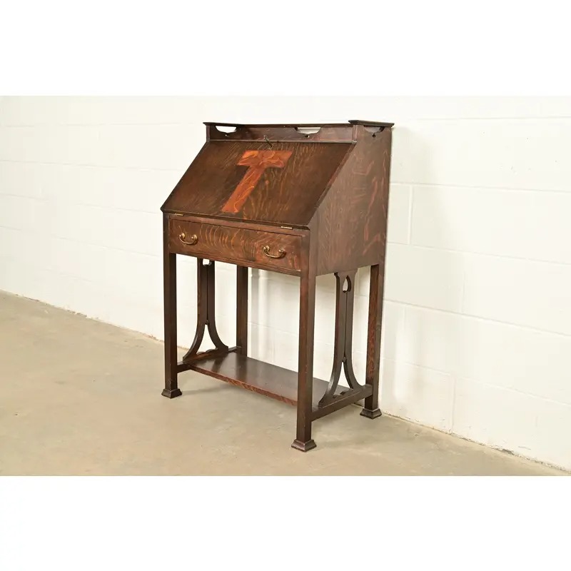 Stickley Brothers Style Antique Mission Oak Arts & Crafts Drop Front Secretary Desk With Inlaid Marquetry, Circa 1910