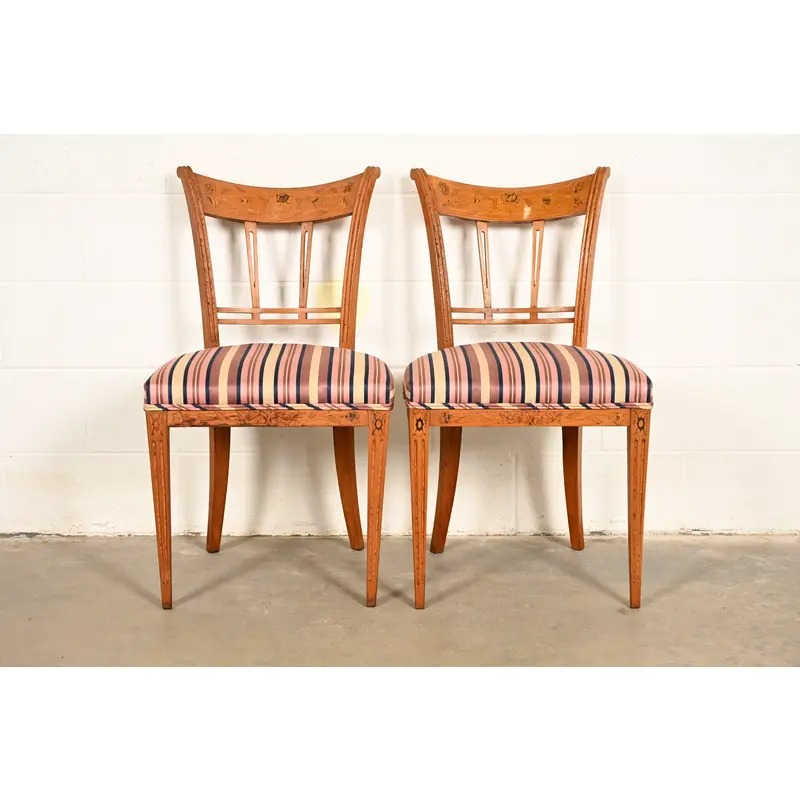 Antique Italian Regency Fruitwood Inlaid Marquetry Side Chairs or Dining Chairs, Pair
