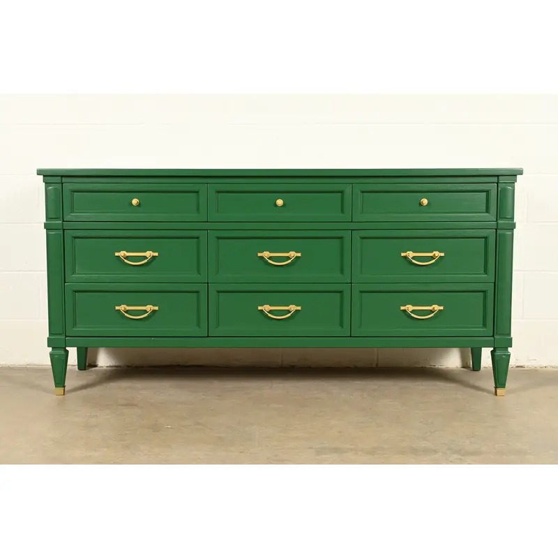 White Furniture French Regency Louis XVI Green Lacquered Dresser or Credenza, Newly Refinished
