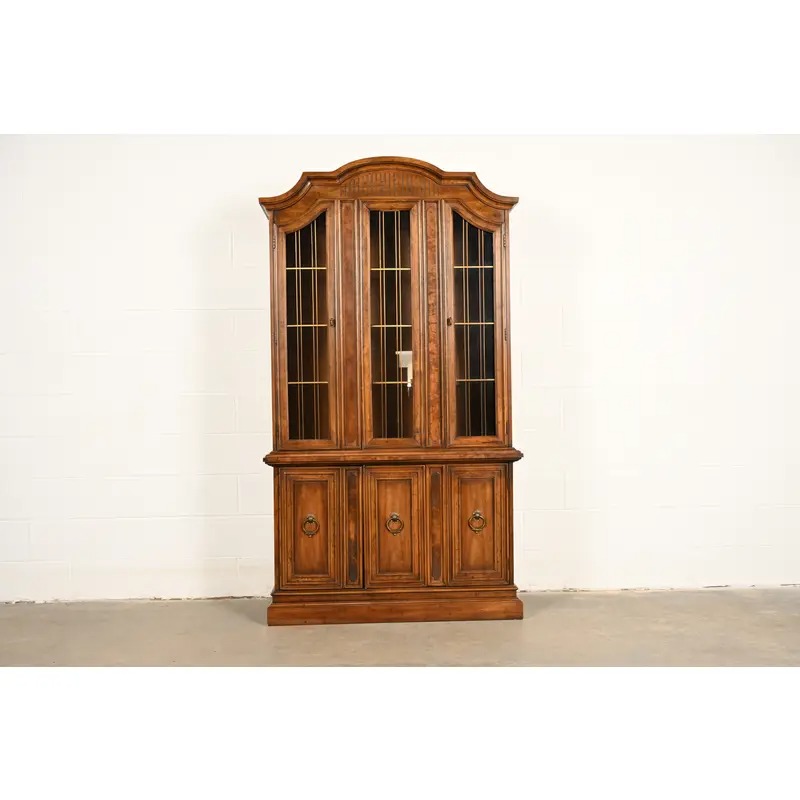 Drexel French Regency Louis XVI Carved Burled Walnut Lighted Breakfront Bookcase Cabinet, Circa 1960s