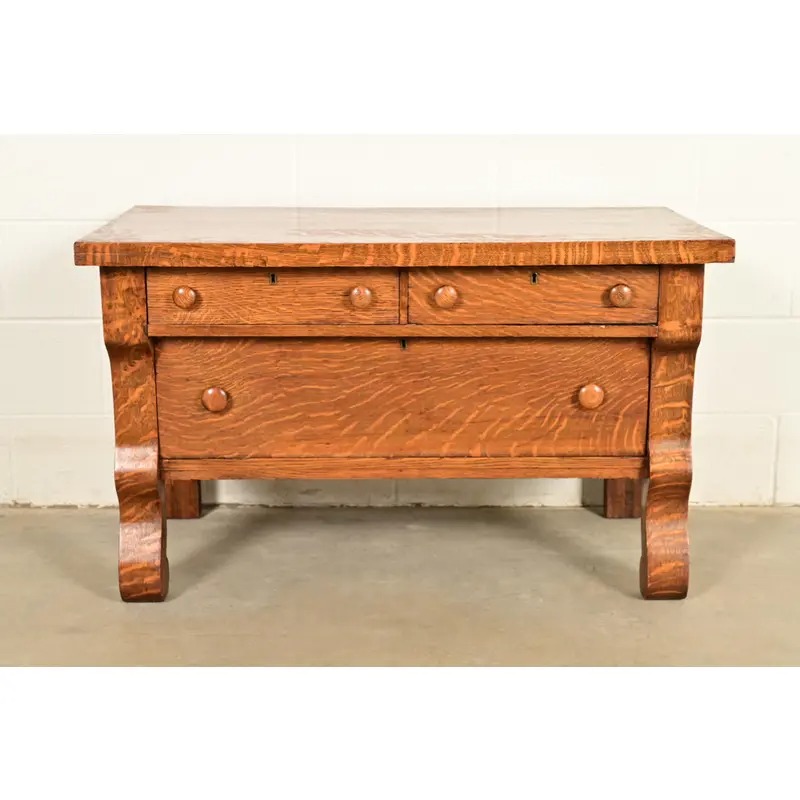 Antique American Empire Carved Tiger Oak Lowboy Dresser, Circa 1900 - Image 2