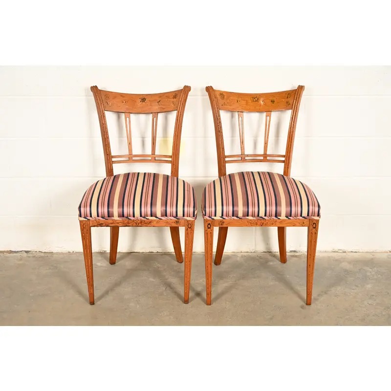 Antique Italian Regency Fruitwood Inlaid Marquetry Side Chairs or Dining Chairs, Pair - Image 2