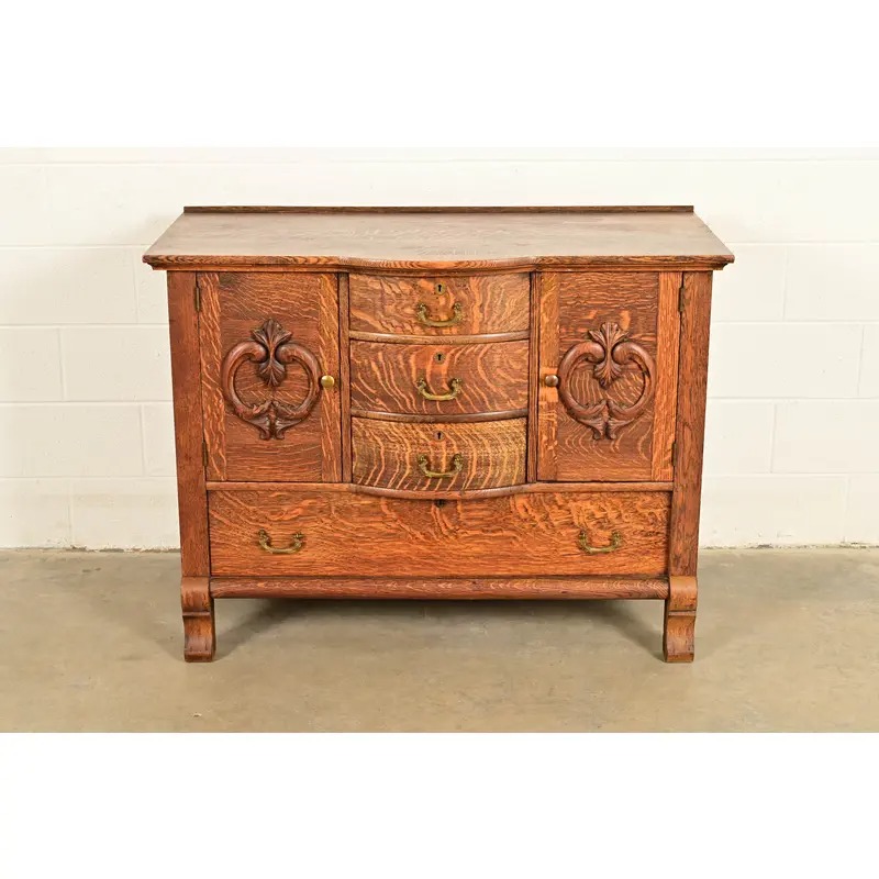 Antique Victorian Carved Tiger Oak Sideboard or Bar Cabinet, Circa 1890s - Image 2