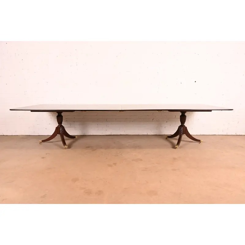 Baker Furniture Style Georgian Mahogany Double Pedestal Extension Dining Table, Newly Refinished - Image 2