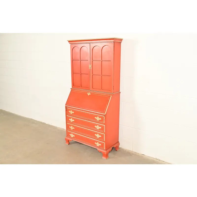 Baker Furniture Style Georgian Red Lacquered Bureau With Drop Front Secretary Desk, Circa 1970s - Image 2