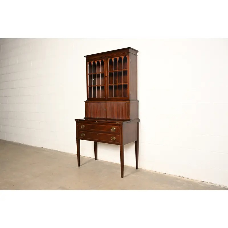 Baker Furniture Style Hepplewhite Mahogany Secretary Desk With Bookcase Hutch, Circa 1920s - Image 2