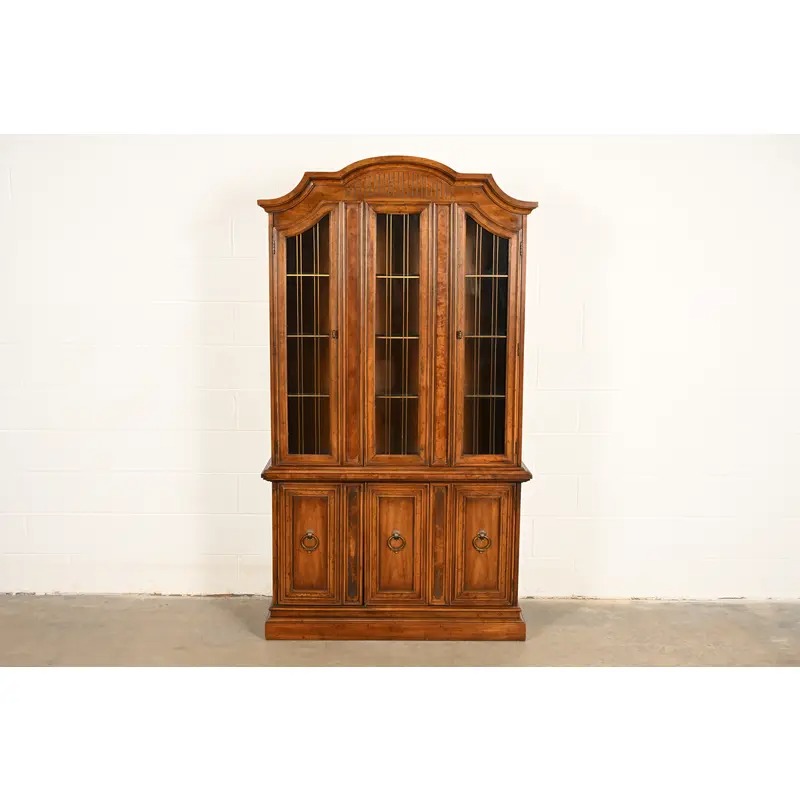 Drexel French Regency Louis XVI Carved Burled Walnut Lighted Breakfront Bookcase Cabinet, Circa 1960s - Image 2