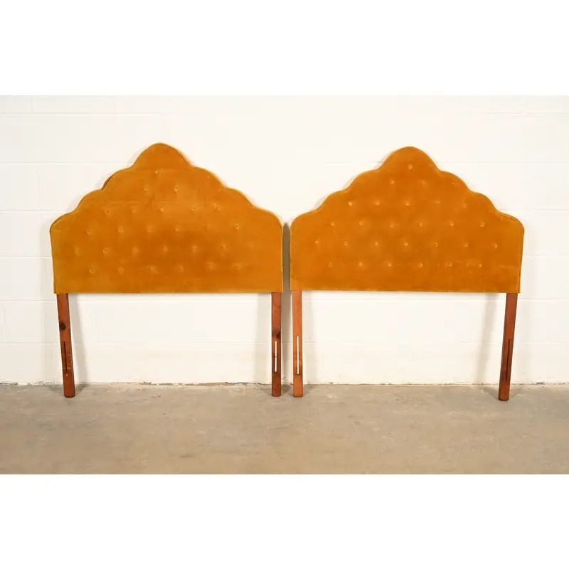 Grosfeld House Style Mid-Century Hollywood Regency Tufted Velvet Upholstered Twin Headboards, Pair - Image 2
