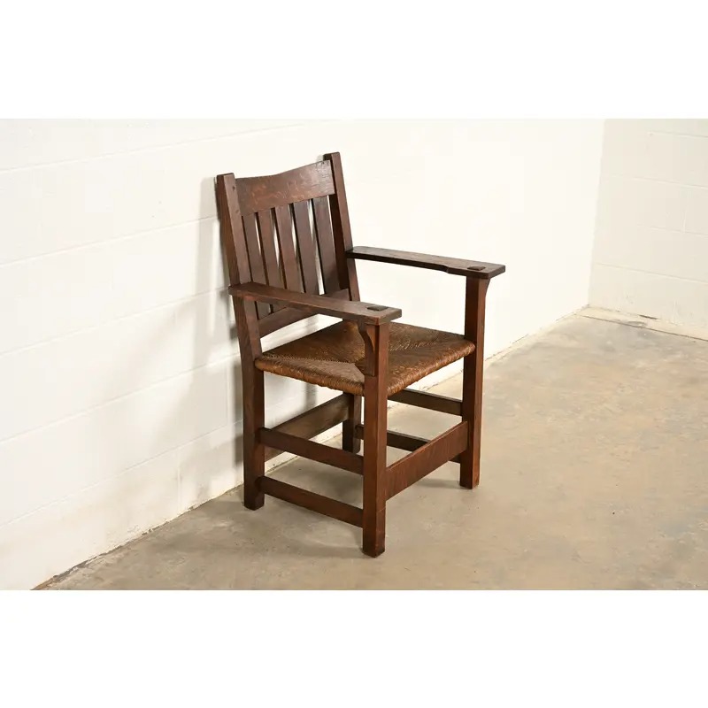 Gustav Stickley Antique Mission Oak Arts & Crafts Armchair With Rush Seat, Circa 1910 - Image 2